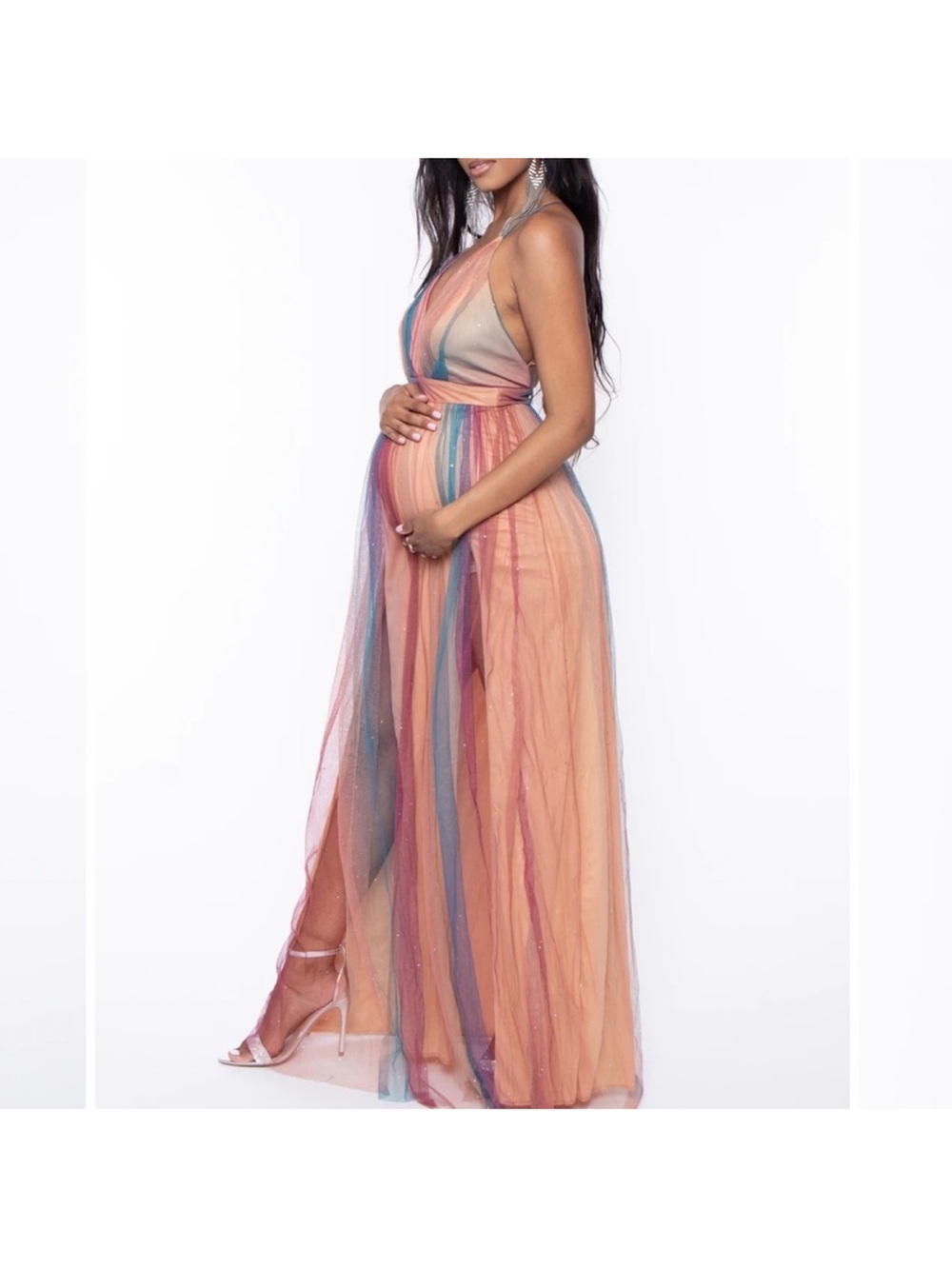 Peach Multi-Stripe Halter Maternity Maxi Dress